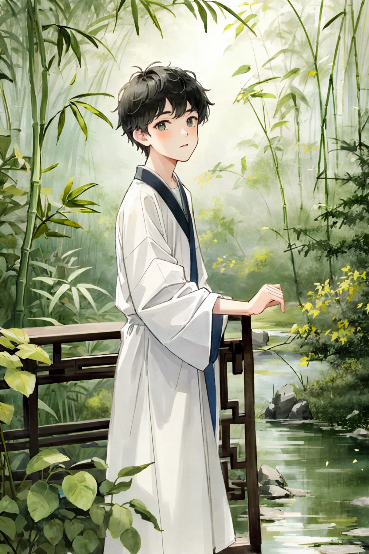 13 year old  BOY
,white shirt,beauty,  (trees:0.5), (flowers:0.6) ,(birds:0.2), (bamboo0.1), lakes, Hangzhou,looking at vi...